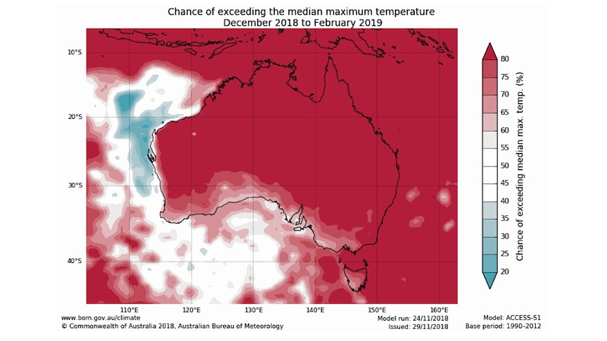 Map of Australia with lots of red indicating high temperatures