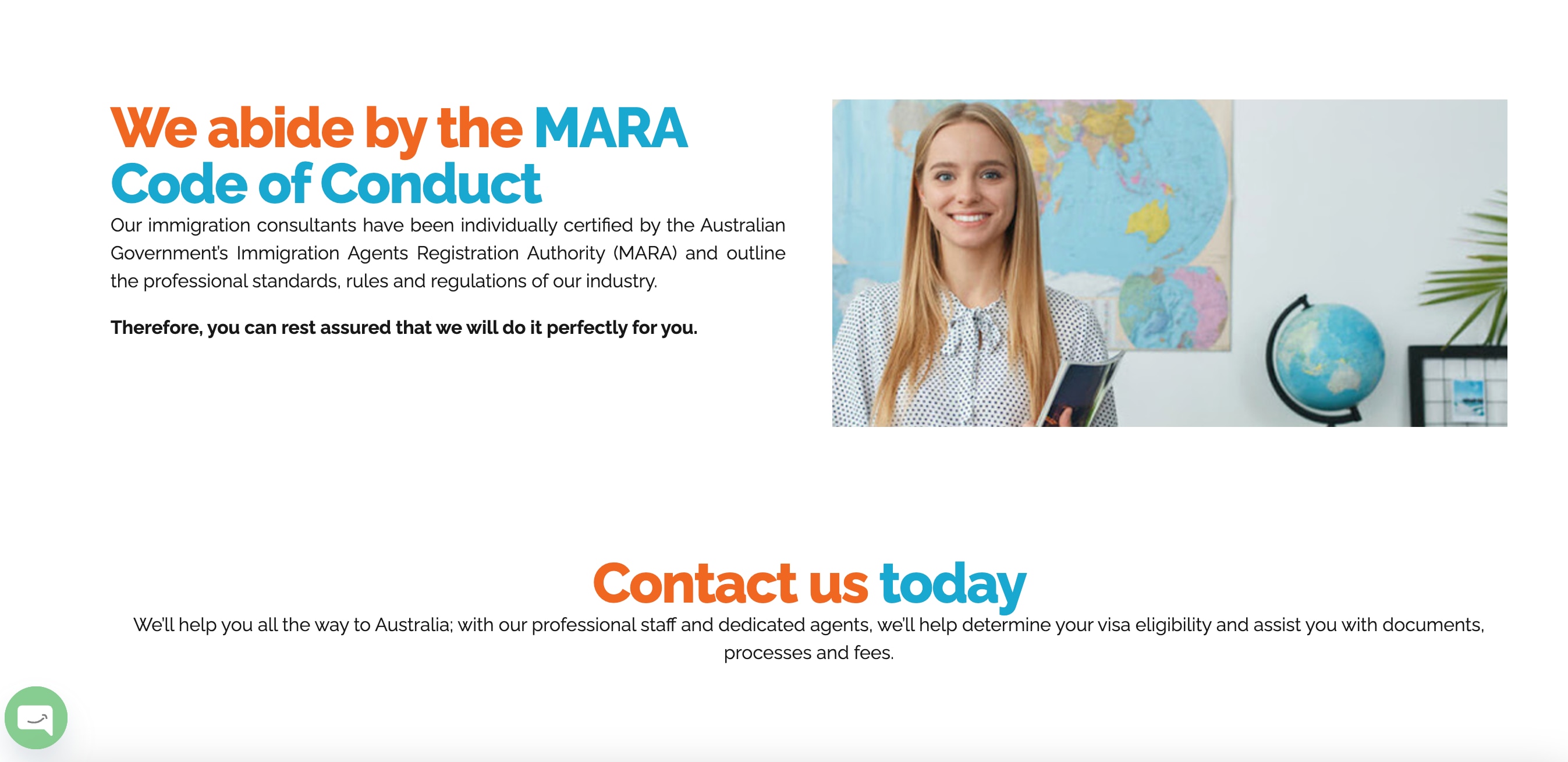 A website page with blue and orange text, a photo of a blonde smiling woman.