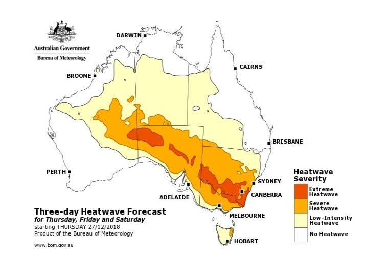A diagram of a heatwave spreading across parts of Victoria, New South Wales and South Australia.