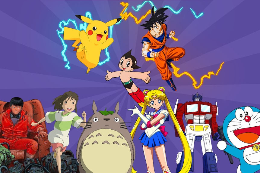 A photo of many Japanese anime characters including Pokemon and Dragon Ball.