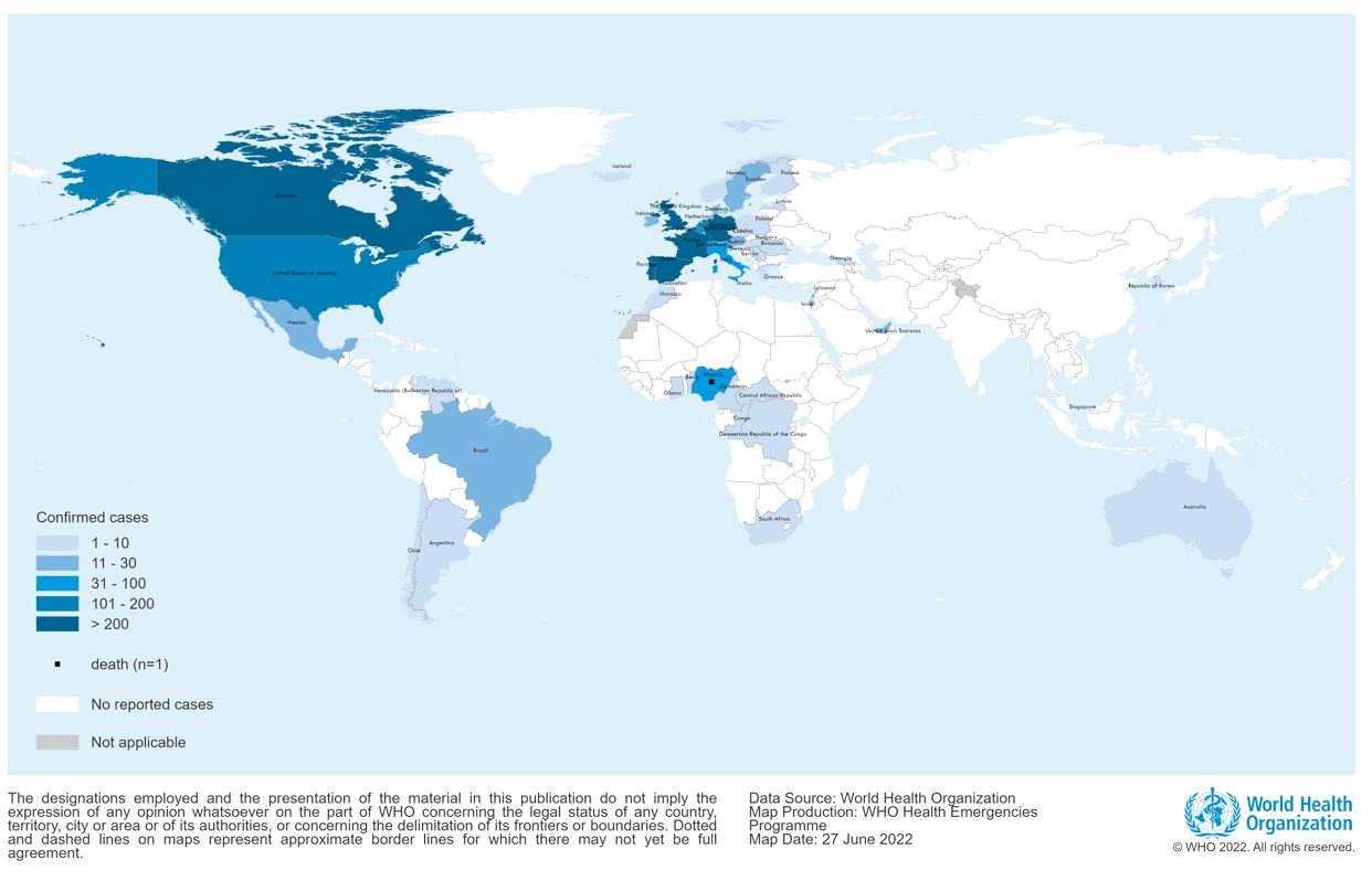 A world map charting the geographic spread of monkeypox. Canada and western Europe have the highest number of cases. 