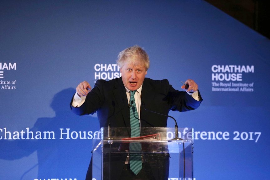 Britain's Foreign Secretary, Boris Johnson, speaking at the Chatham House London Conference at an hotel in London.