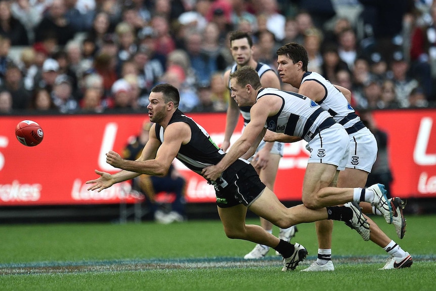 Collingwood's Levi Greenwood (L) and Geelong's Joel Selwood contest the ball at the MCG.