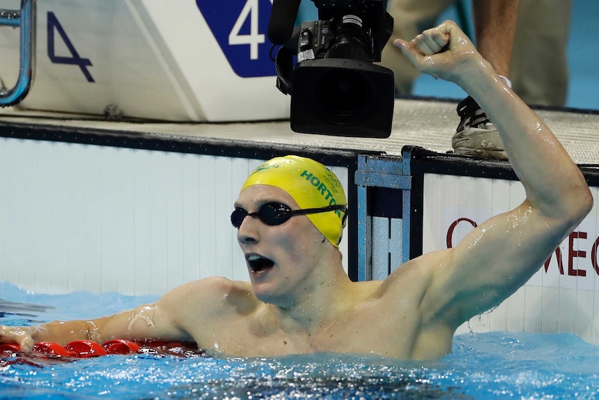 Mack Horton celebrates winning the 400m freestyle final