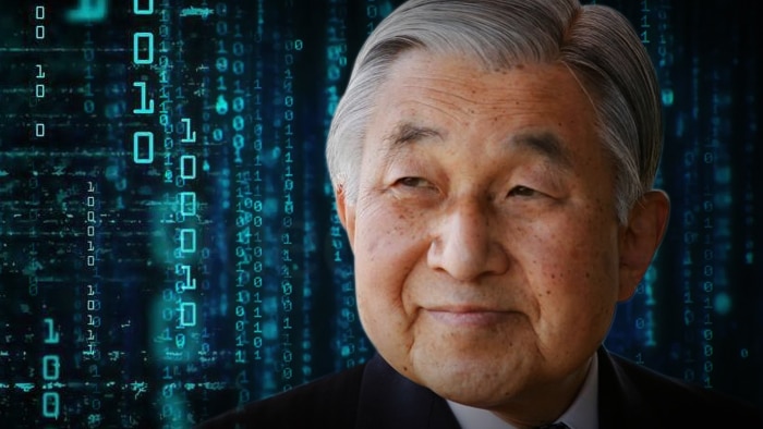 An image of Japan's emperor surrounded by abstract computer code