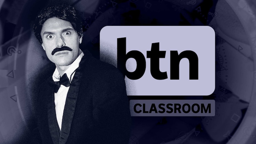 A darkly lit version of the BTN logo and Jack dressed up in a tuxedo, wig and fake moustache stars intently.