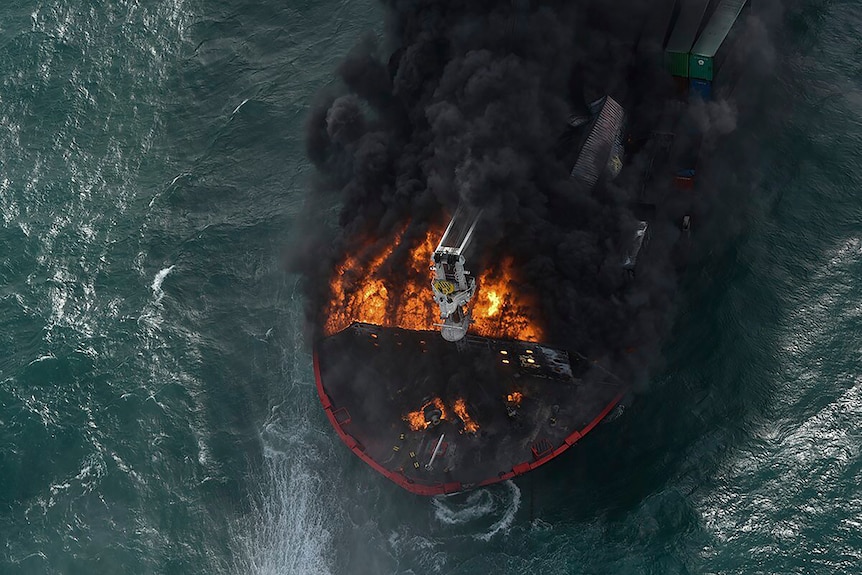 Smoke rises from the container vessel MV X-Press Pearl engulfed in flames