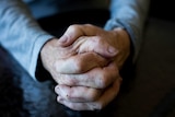 Generic older woman's worn hands clasped