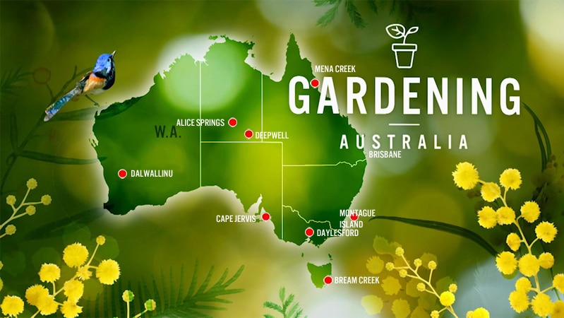 Map of Australia with various locations marked with logo text 'Gardening Australia'