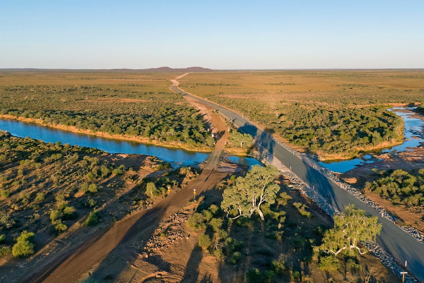 An aerial view of the Murchison River cross a road