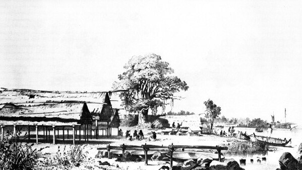 A black and white drawing of huts on stilts and boiling implements for trepang.