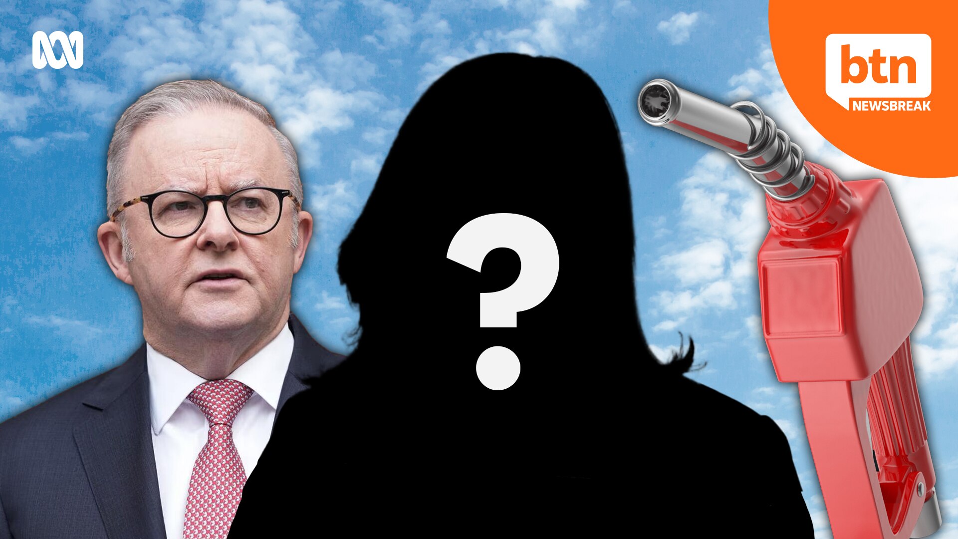Australian Prime Minister Anthony Albanese alongside a silhouette of a person alongside a petrol nozzle.