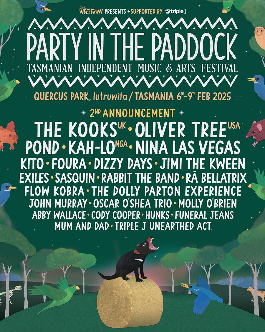 Poster with cartoon images of a Tasmanian devil howling on a hay bale at night with white text