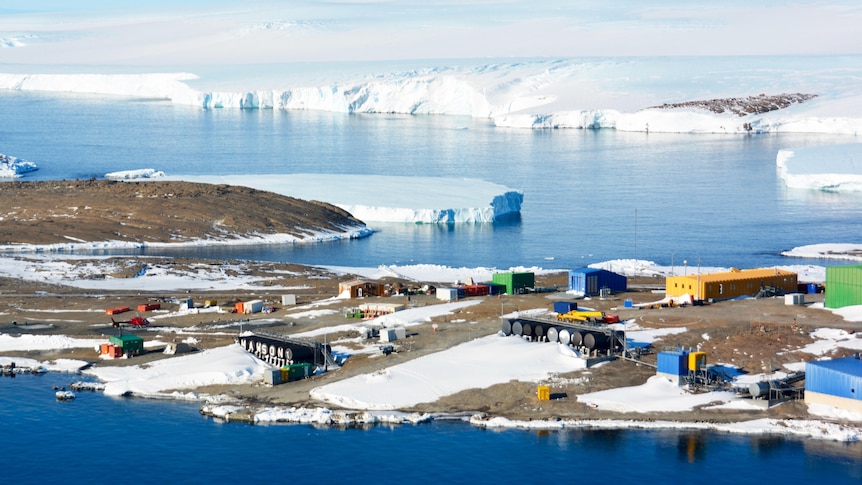 Aerial view of Mawson Station, in Antarctica.