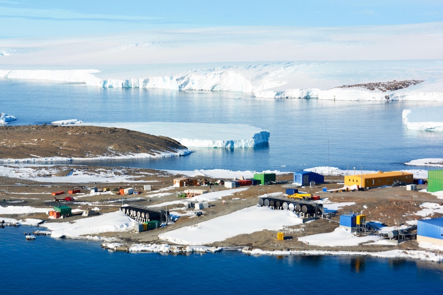Aerial view of Mawson Station, in Antarctica.