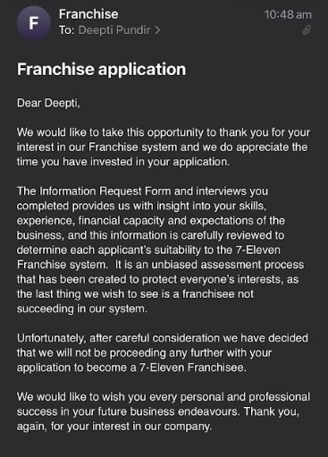 An email from 7-Eleven rejecting a purchase applicaation from a potential franchisee.