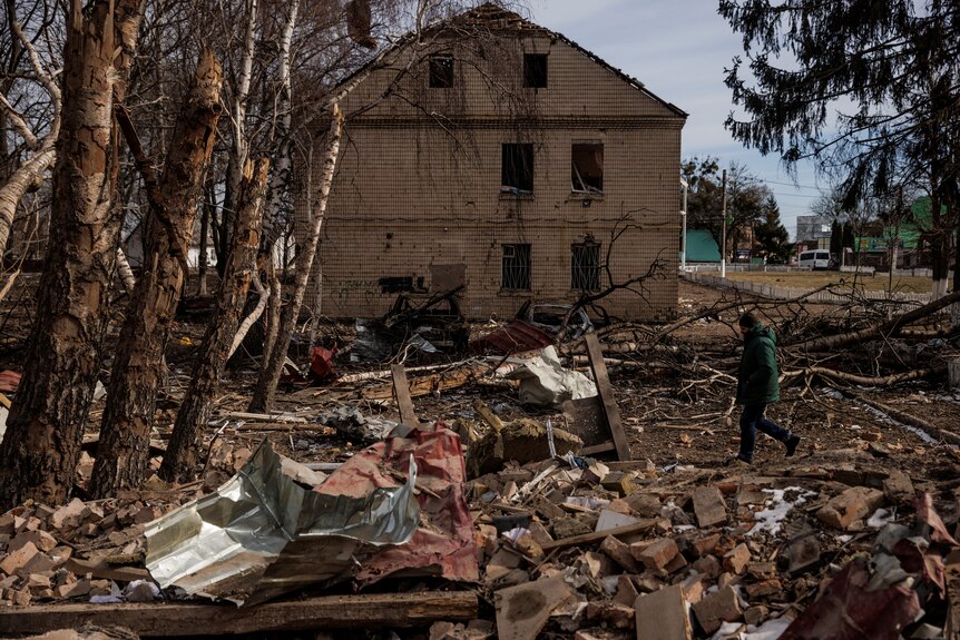 An administration building is destroyed in a village outside Kyiv, March 12, 2022.