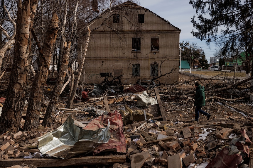 An administration building is destroyed in a village outside Kyiv, March 12, 2022.