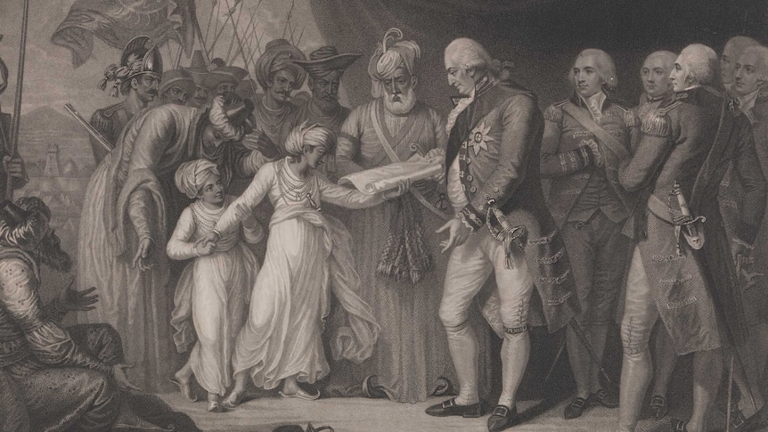 An engraving of two young boys presenting a British Lord a scroll of paper. A number of Indian and British men watch on.