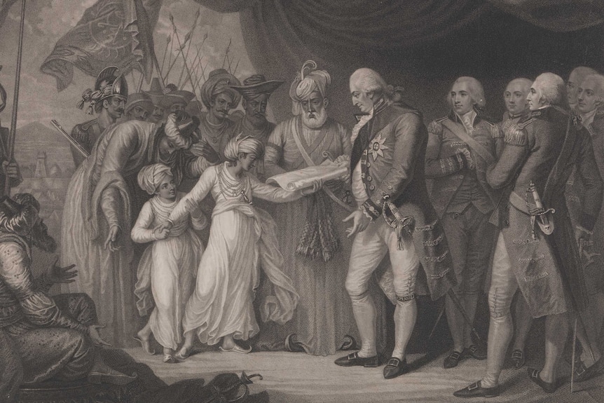 An engraving of two young boys presenting a British Lord a scroll of paper. A number of Indian and British men watch on.