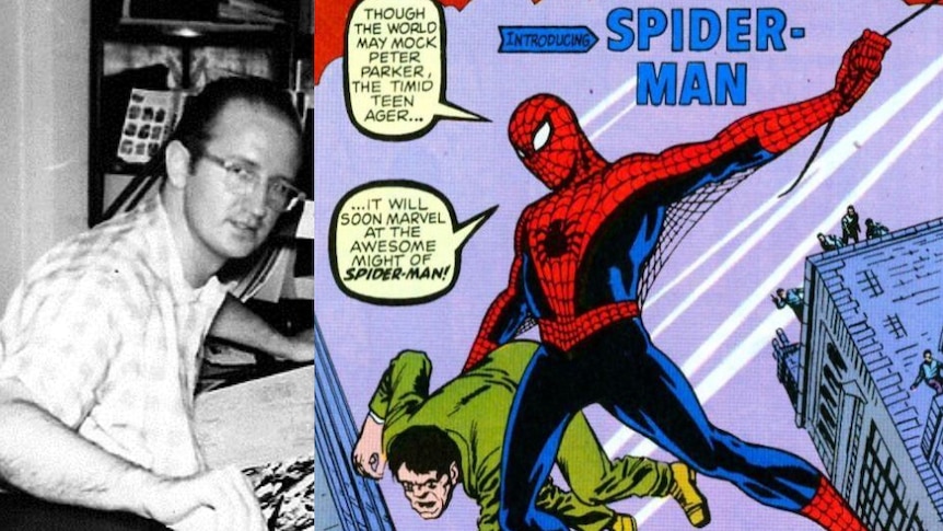 A composite image of Steve Ditko and Marvel character Spider-Man.