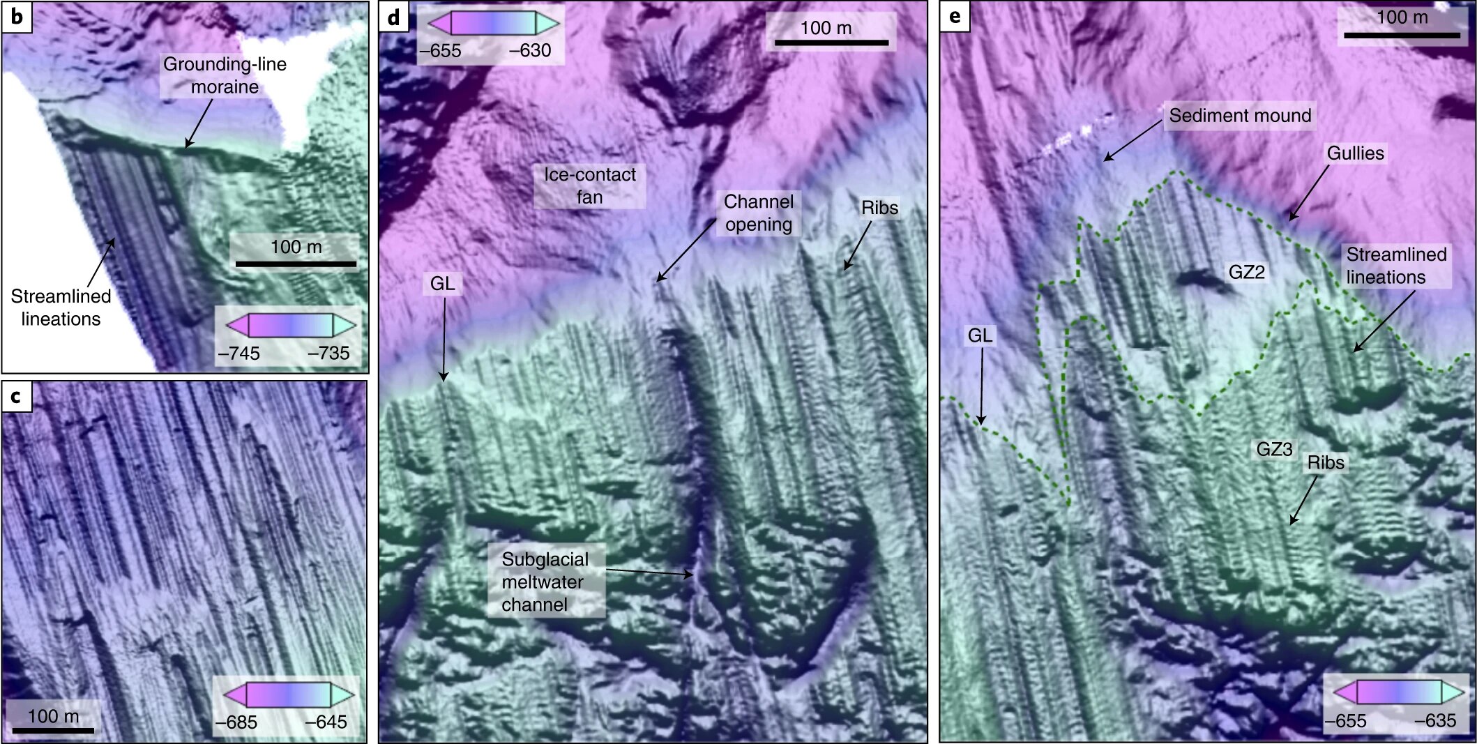 A series of computer-coloured, labelled scientific images shows ridges and melting channels on underwater terrain.