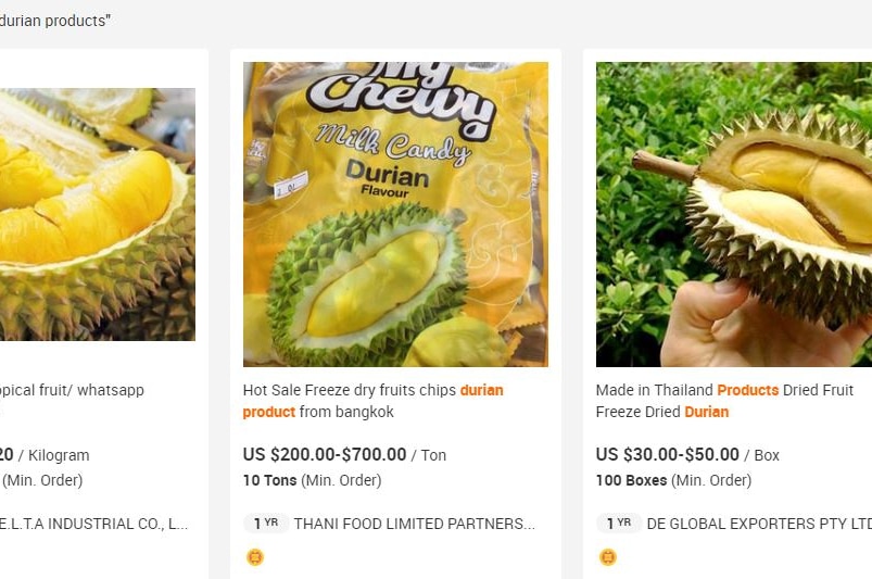 Various durian and related products displayed on a computer screen online.