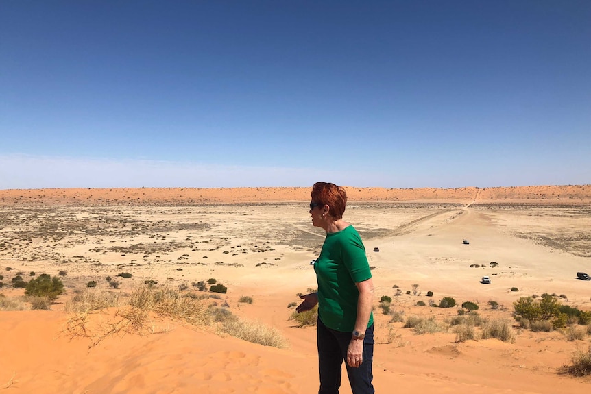 Pauline Hanson wears a green shirt, jeans, stands on top of a sand dune looking back over her shoulder out across a sandy plain.