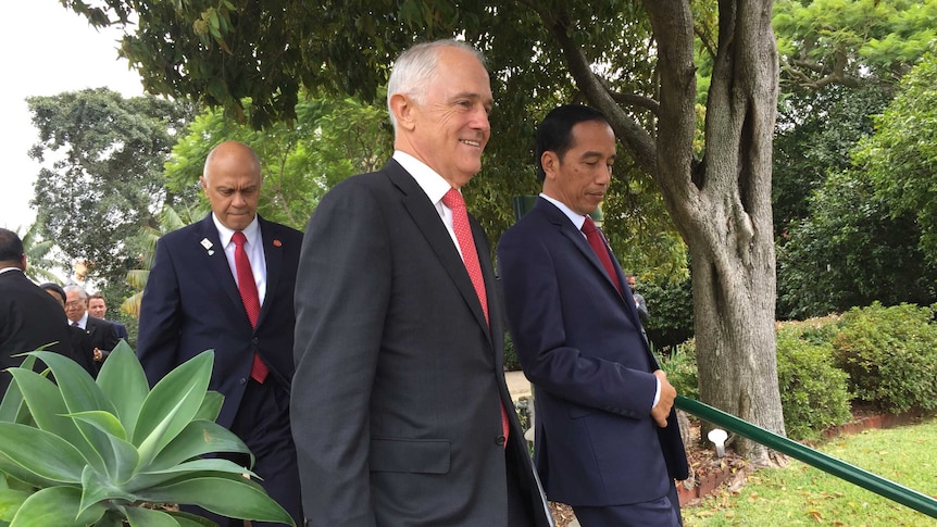 Australian Prime Minister Malcolm Turnbull and Indonesian President Joko Wikodo walk together in Australia on February 26, 2017.