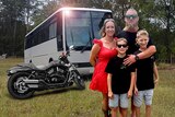 Graphic of Bailey family with their motorcycle and bus