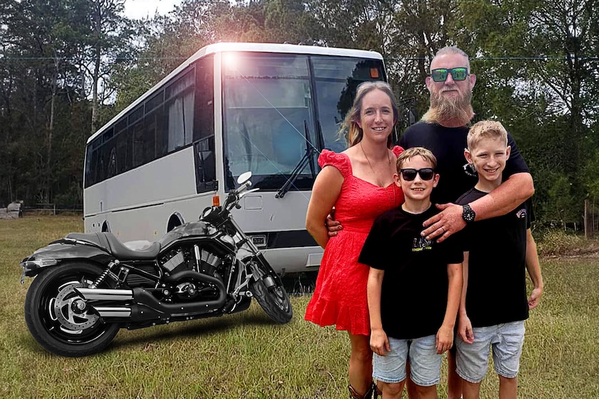 Graphic of Bailey family with their motorcycle and bus