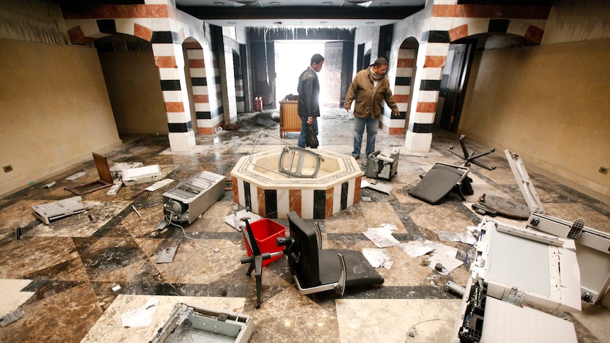 Destroyed furniture and equipment in the Syrian embassy in Cairo after it was ransacked by protesters