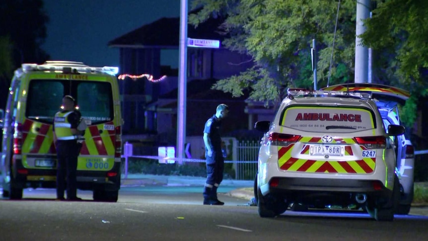 Ambulances are parked in a residential street at night.