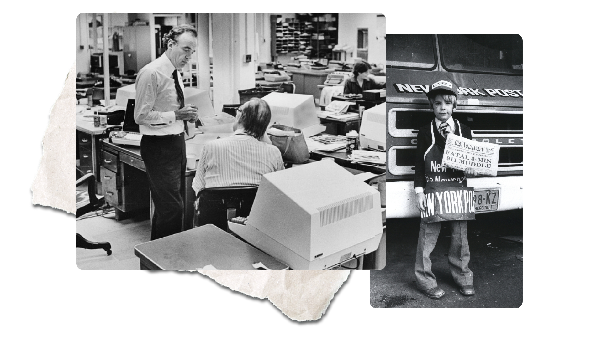 Composite of two images, both black and white. One of Rupert Murdoch in 1970s newsroom, two of Lachlan Murdoch as paperboy