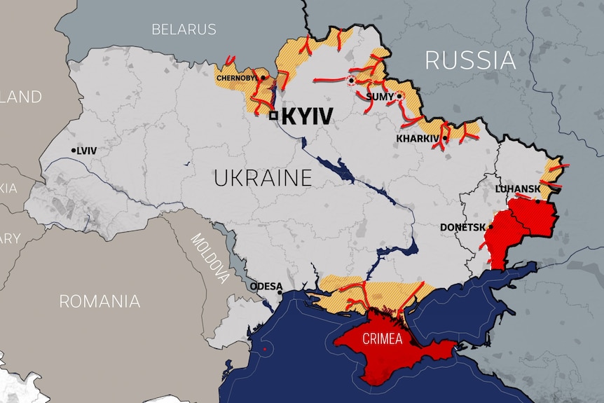 A graphic showing troop movements at multiple points around Ukraine's borders with Russia and Belarus.