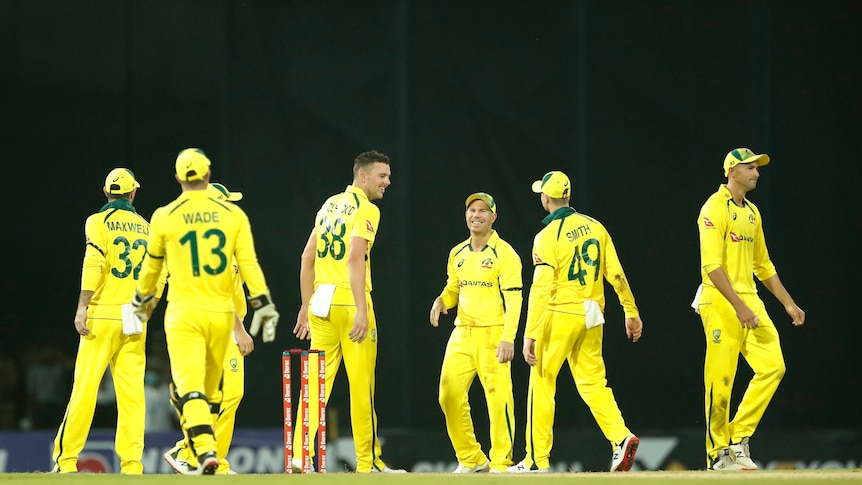 A group of men in yellow cricket uniforms stand on a pitch at night 