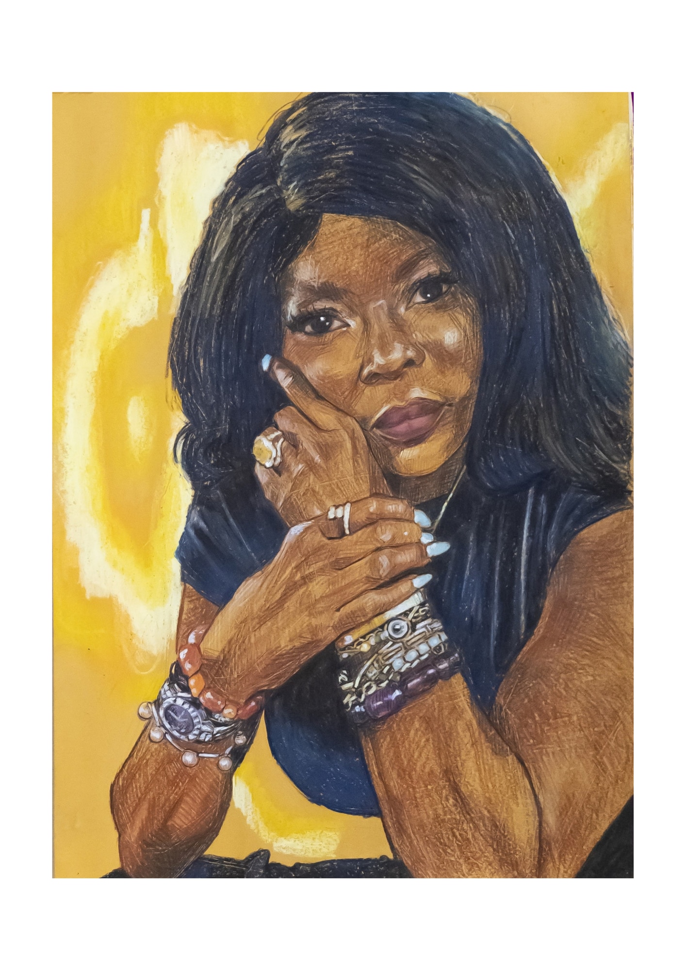 Colourful portrait of Marcia Hines leaning on her elbows, one hand with lots of jewelry held to her face, gold background