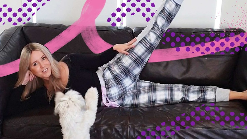 Kellie doing exercise on the couch next to her dog, in a story about exercises you can do from the couch.