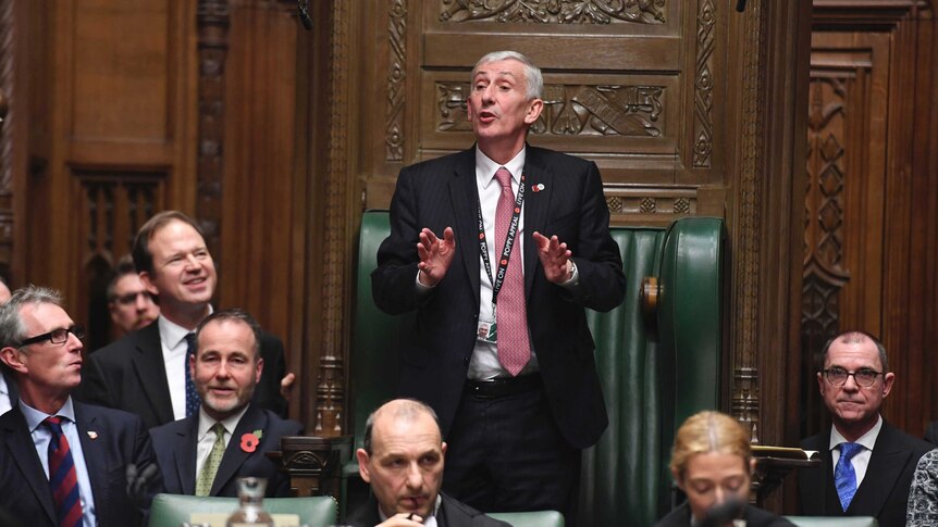 Sir Lindsay Hoyle stands in front of the speaker's chair in UK Parliament.
