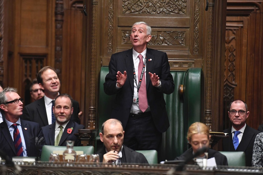 Sir Lindsay Hoyle stands in front of the speaker's chair in UK Parliament.