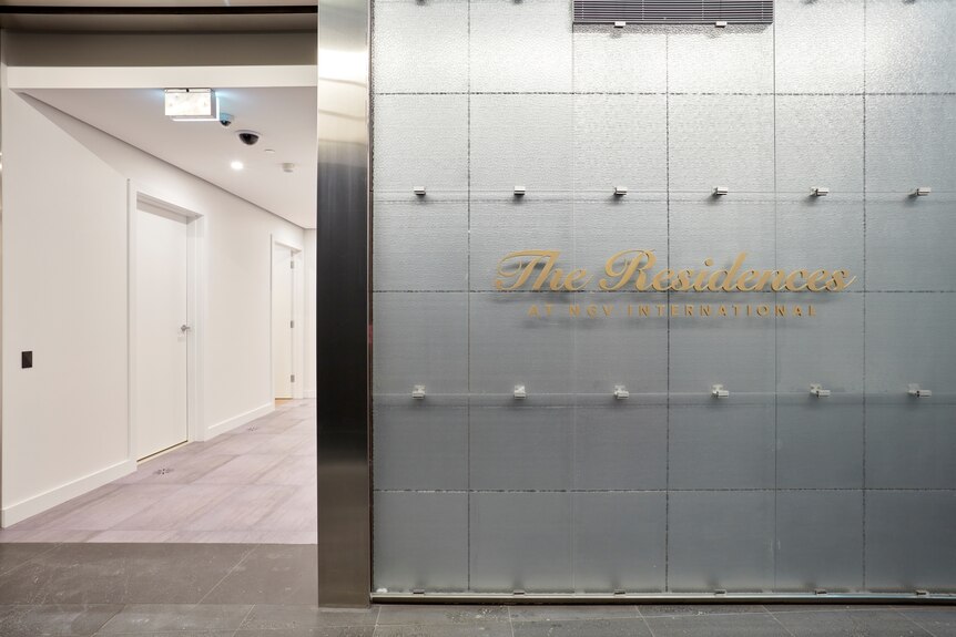 The outside of a satirical fake display suite with the name "the residences"