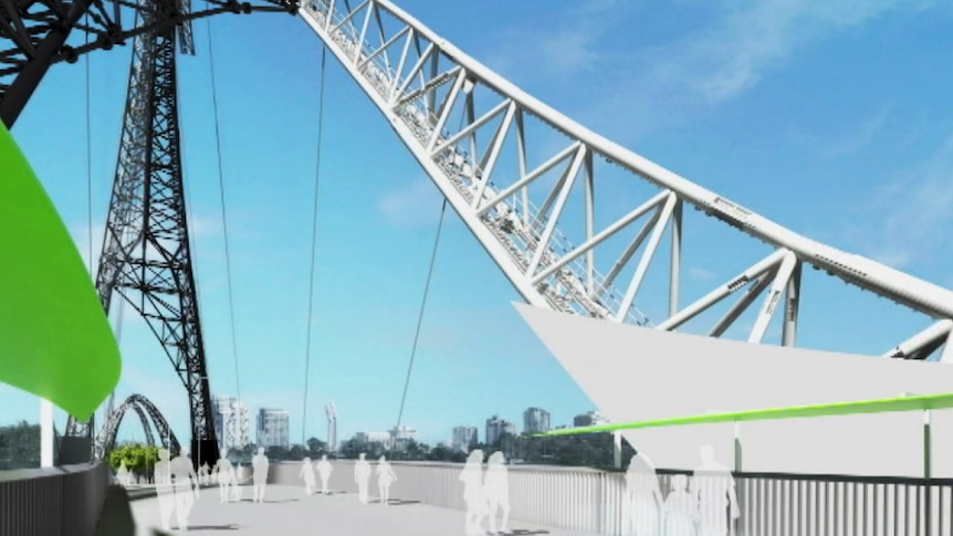 An artist's impression of what the Matagarup Bridge set to connect East Perth to Perth Stadium will look like with people on it.
