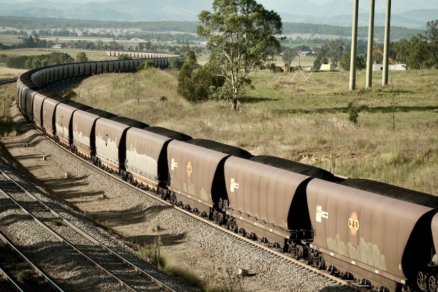 A long freight train's brown coal carriages snakes its way through the countryside