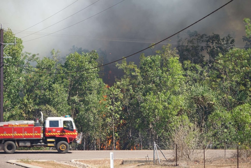 A fire truck drives past burning trees off the side of a rural Darwin road as smoke engulfs the skyline.