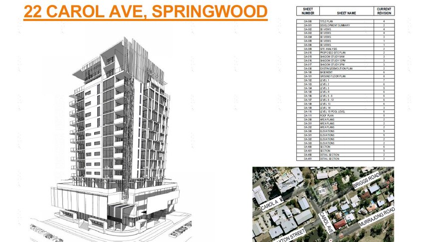 Drawing and details in an development application for 15-storey building at 22 Carol St Springwood