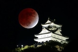 A large, partially eclipsed brown and white moon sits above a Japanese building at night 