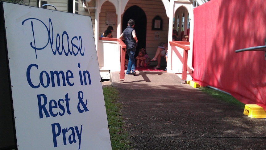 A sign outside the Brisbane church where former prime minister Kevin Rudd is attending a service.