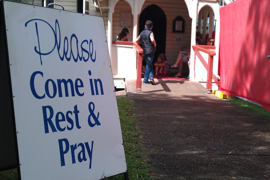 A sign outside the Brisbane church where former prime minister Kevin Rudd is attending a service.