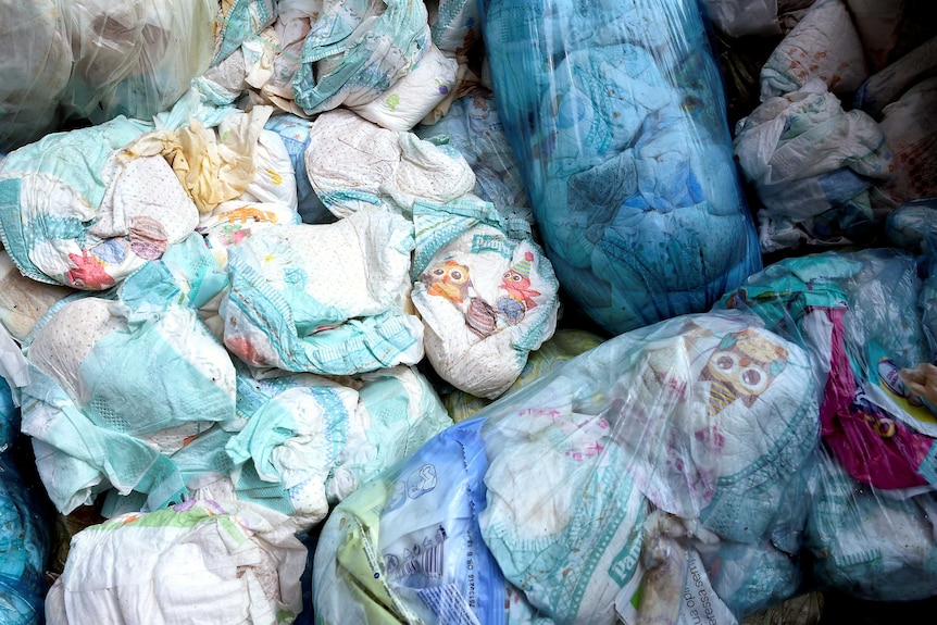 Used diapers are seen in a diaper recycling facility in Spresiano near Treviso.