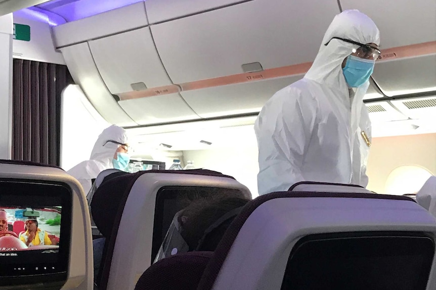 Airline staff wear personal protective equipment during a flight.